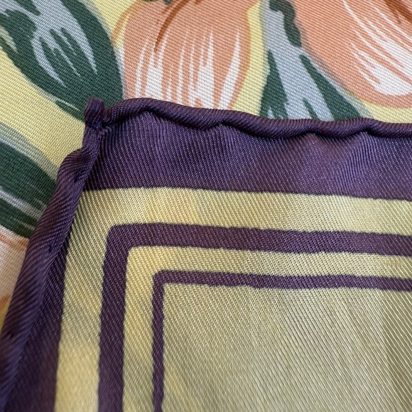 Vintage Hand Rolled Silk Scarf – Yellow Floral with Peach & Lavender Flowers - Picture 8 of 9